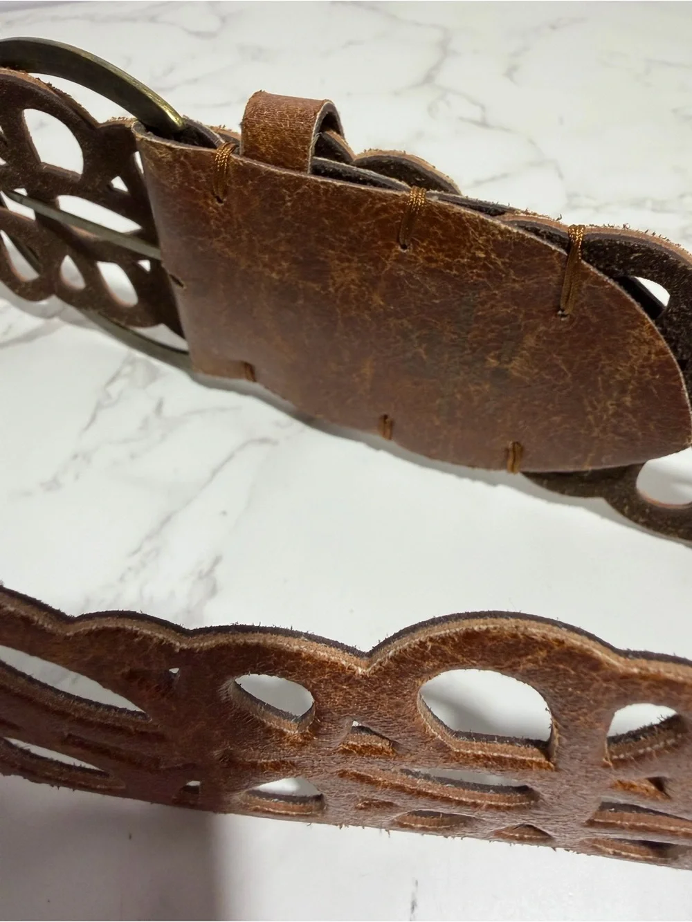 Vintage Brown Boho Cut Out Faux‎ Leather Belt with Brass Buckle -- L